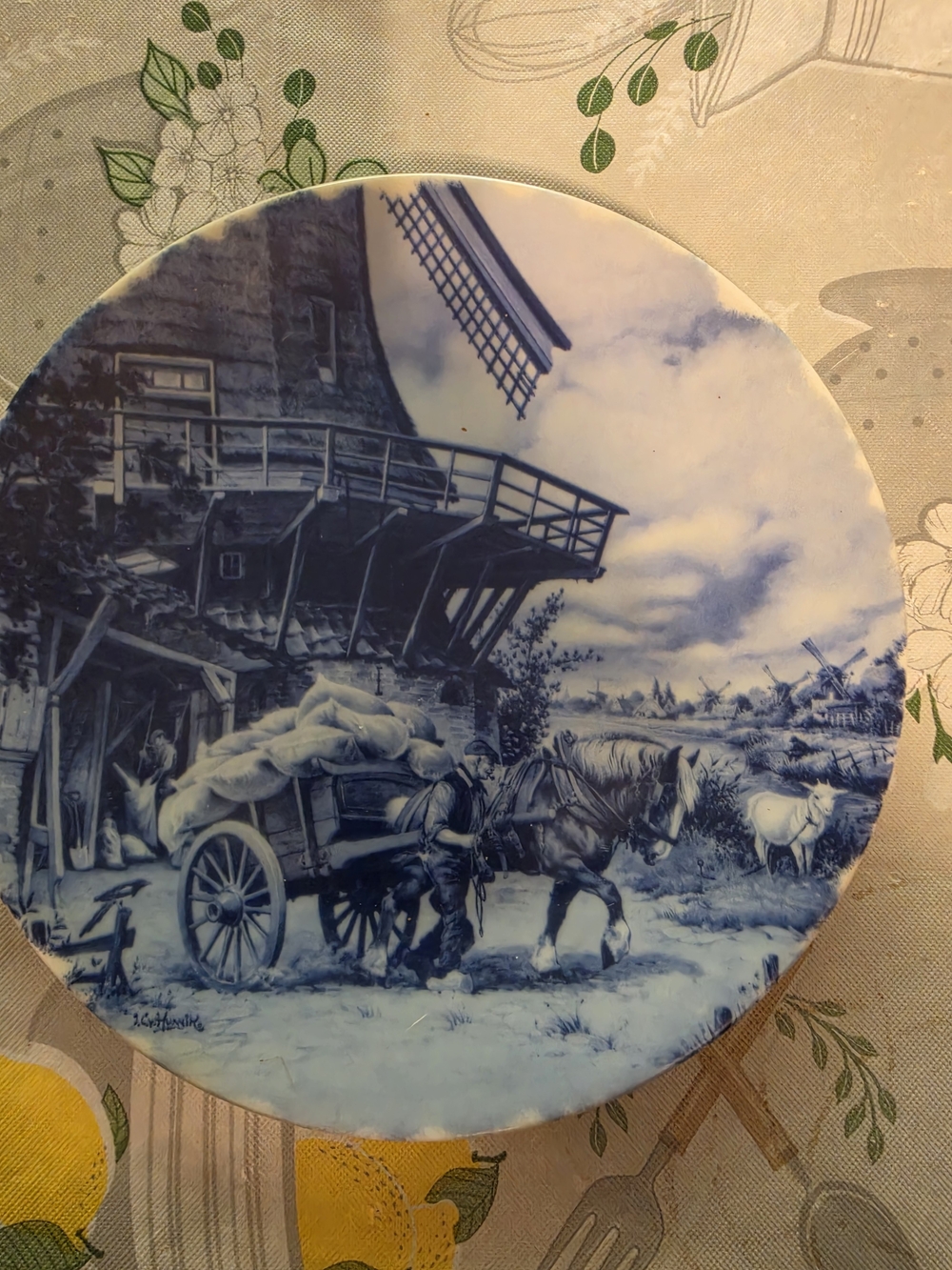 Blue and White Windmill Scene Decorative Ceramic Plate